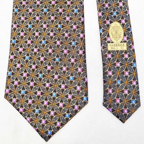 Faberge Mens Silk Neck Tie Blue and Purple Pearls with Black Filigree Print USA - Picture 2 of 8